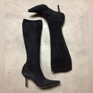 Jimmy Choo Black Suede Knee High Calf Stiletto Boots 37.5